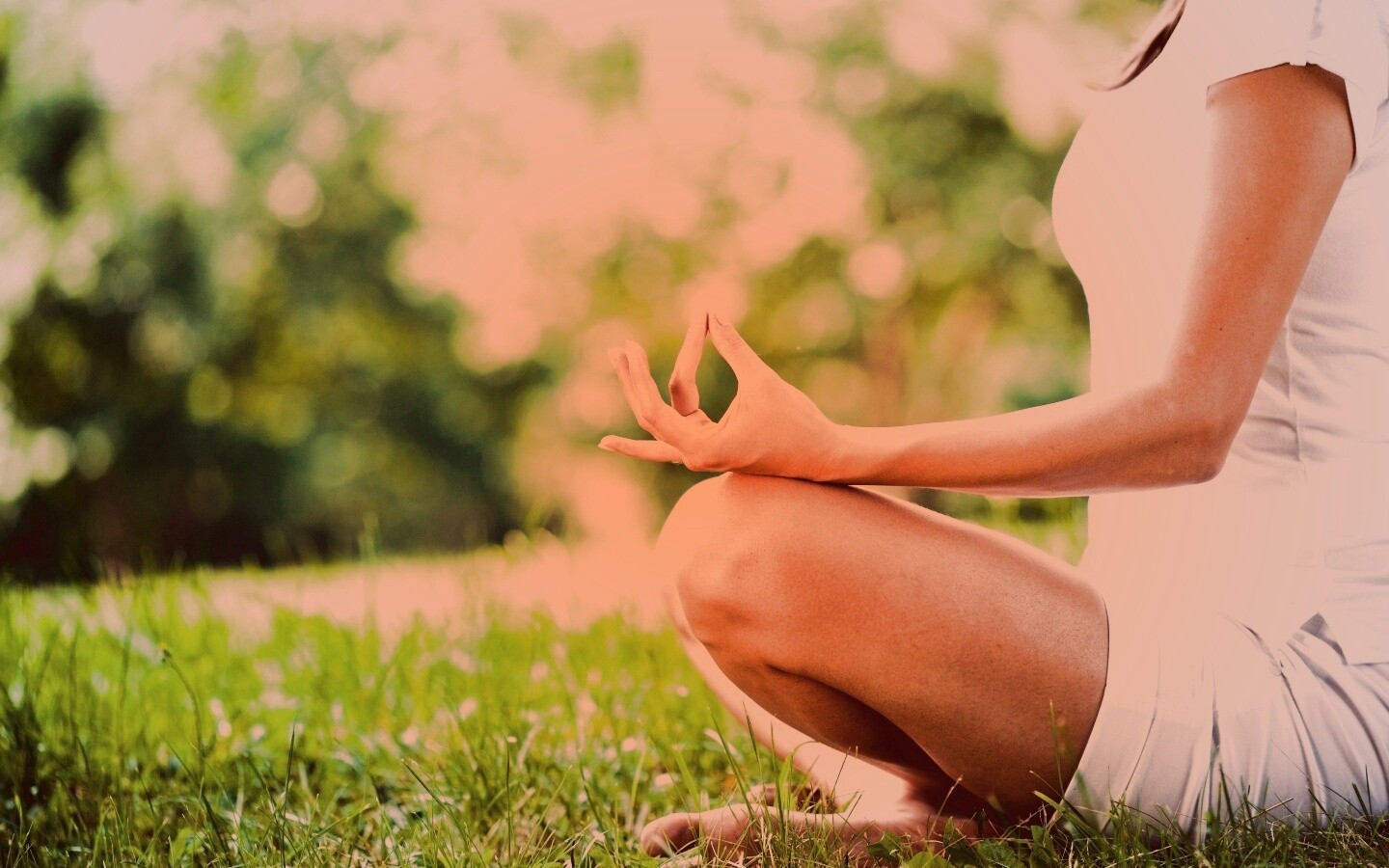 Девушка медитирует в позе лотоса на траве обои