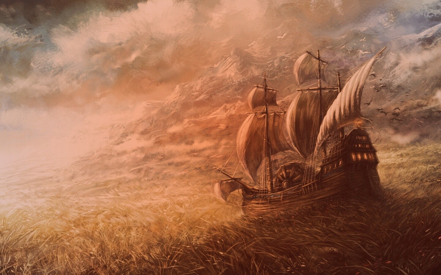 Корабль в море травы обои