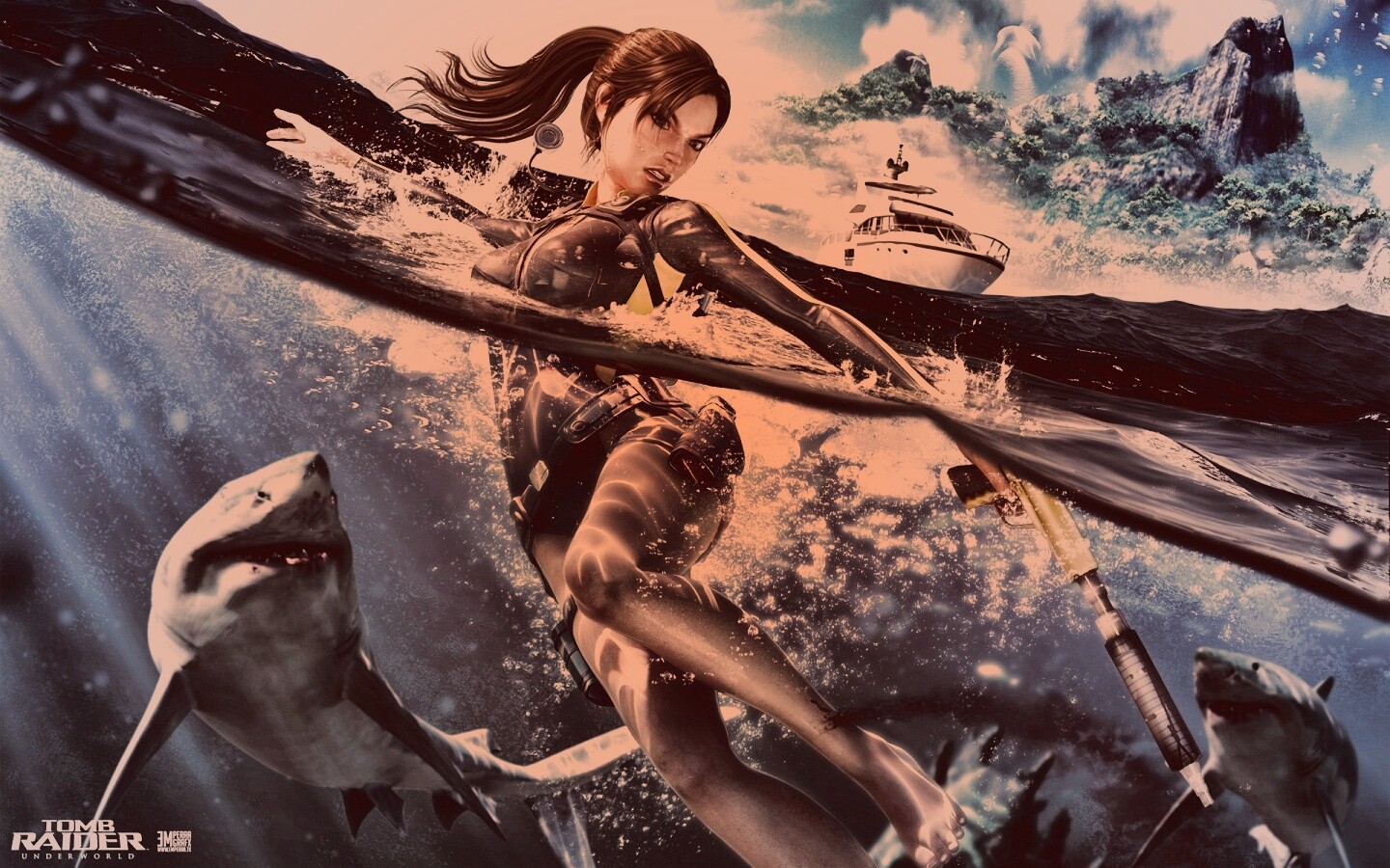 Лара Крофт против акул обои