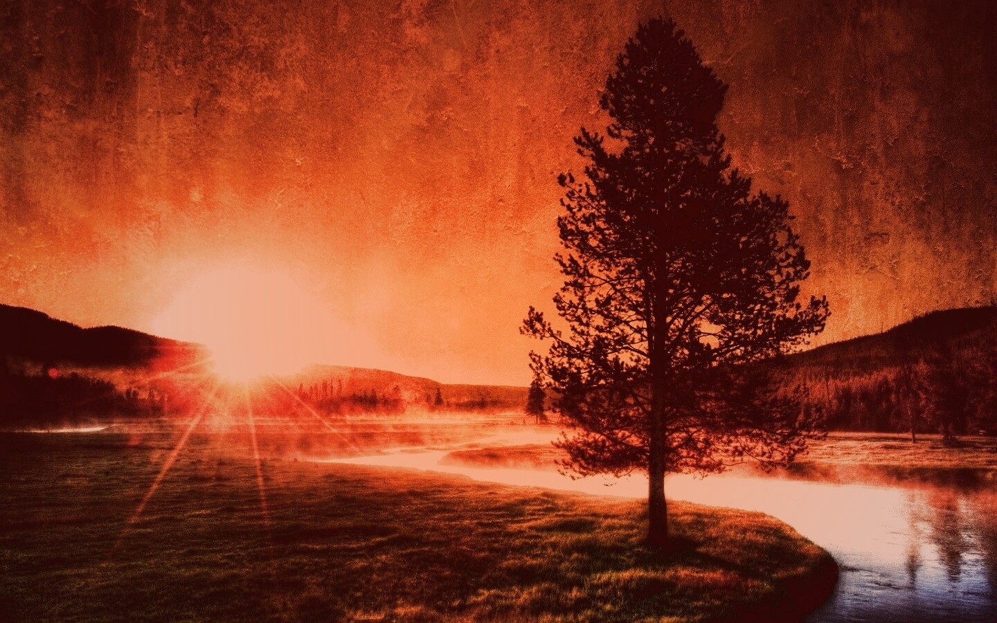 Закат за речкой обои