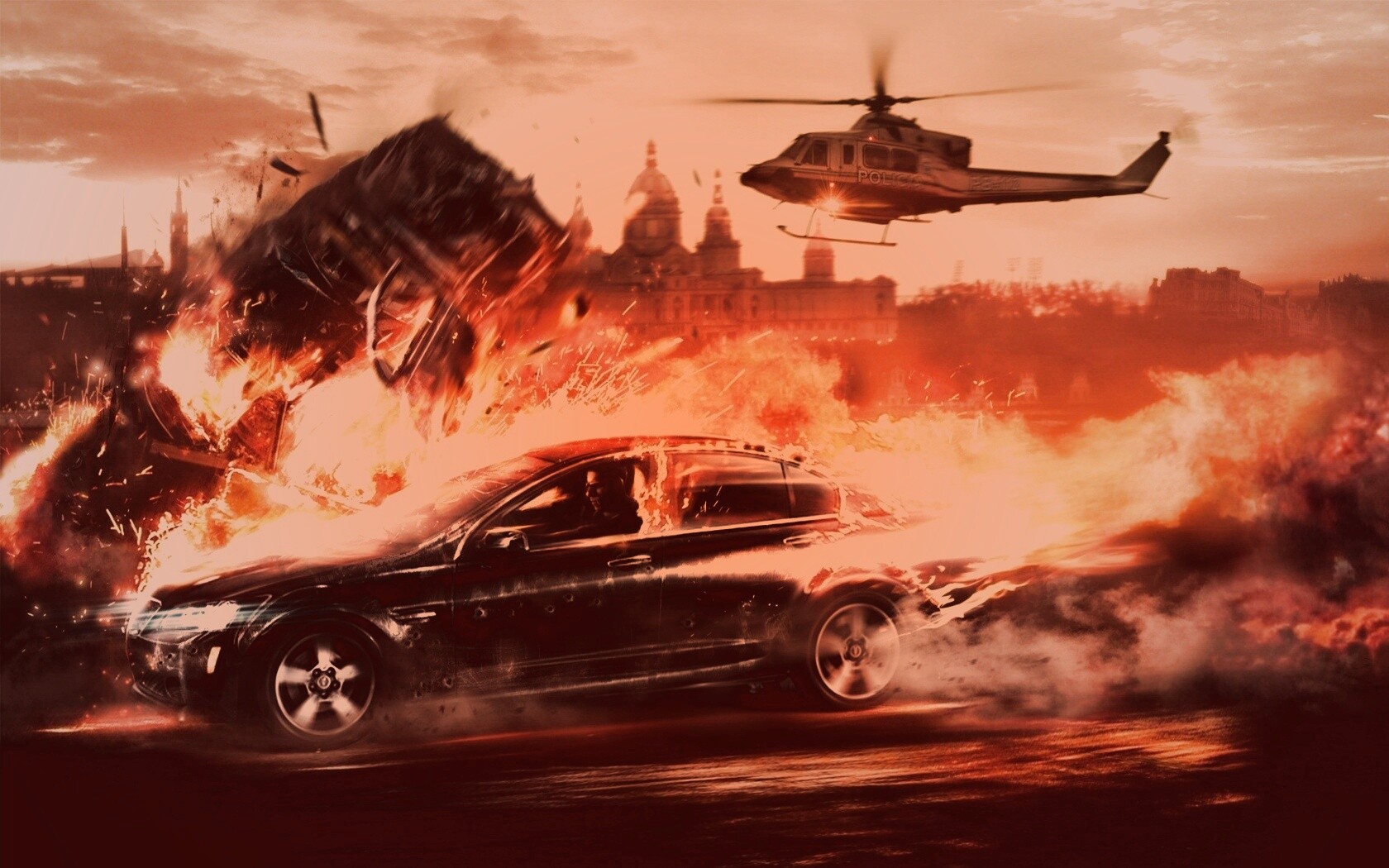 Погоня за горящей машиной обои