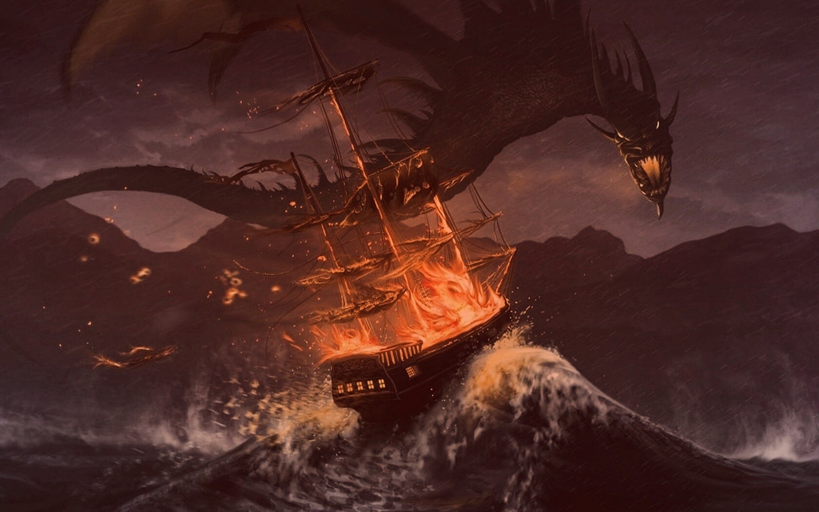 Дракон нападает на корабль обои