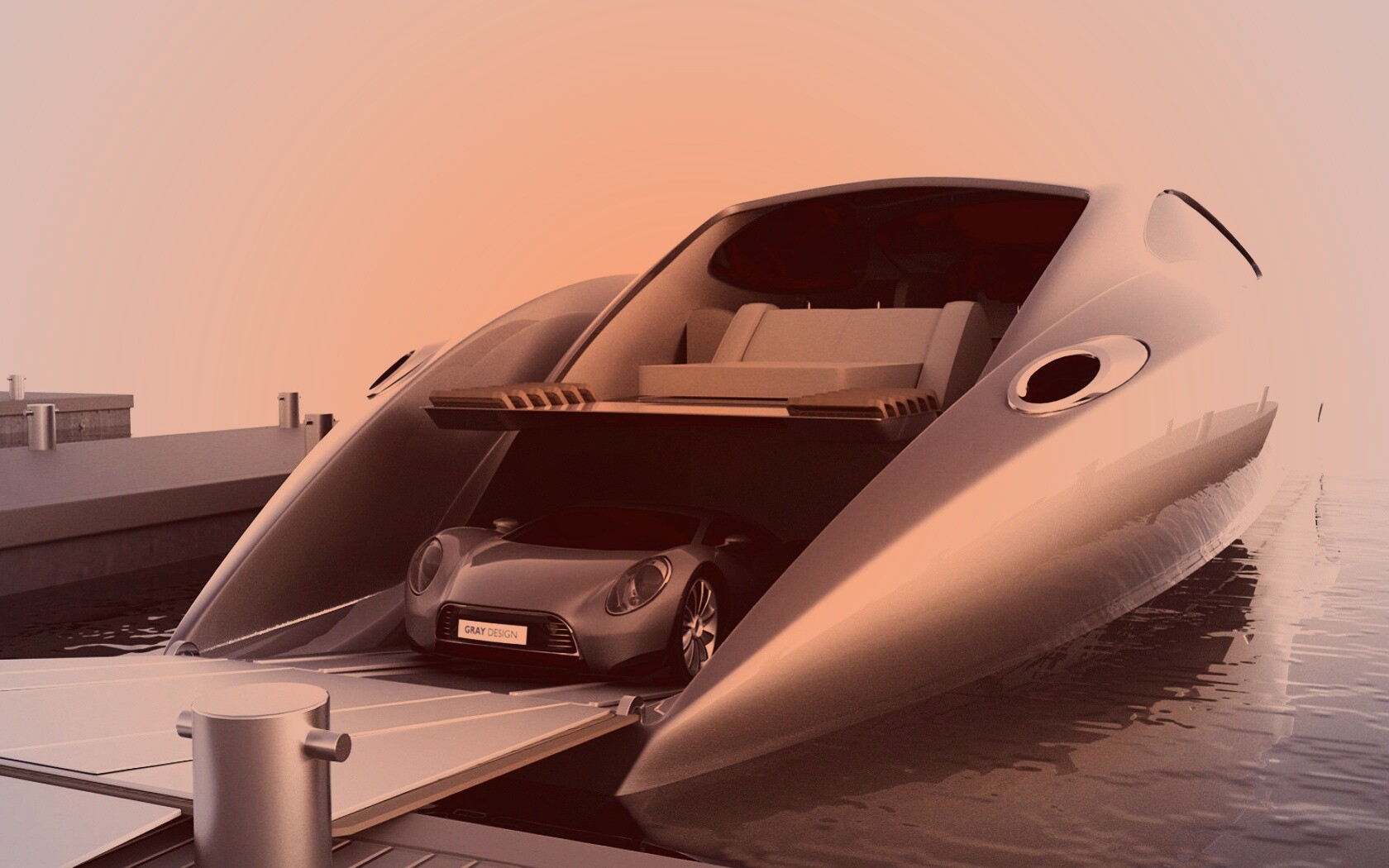 Яхта с автомобилем на борту обои