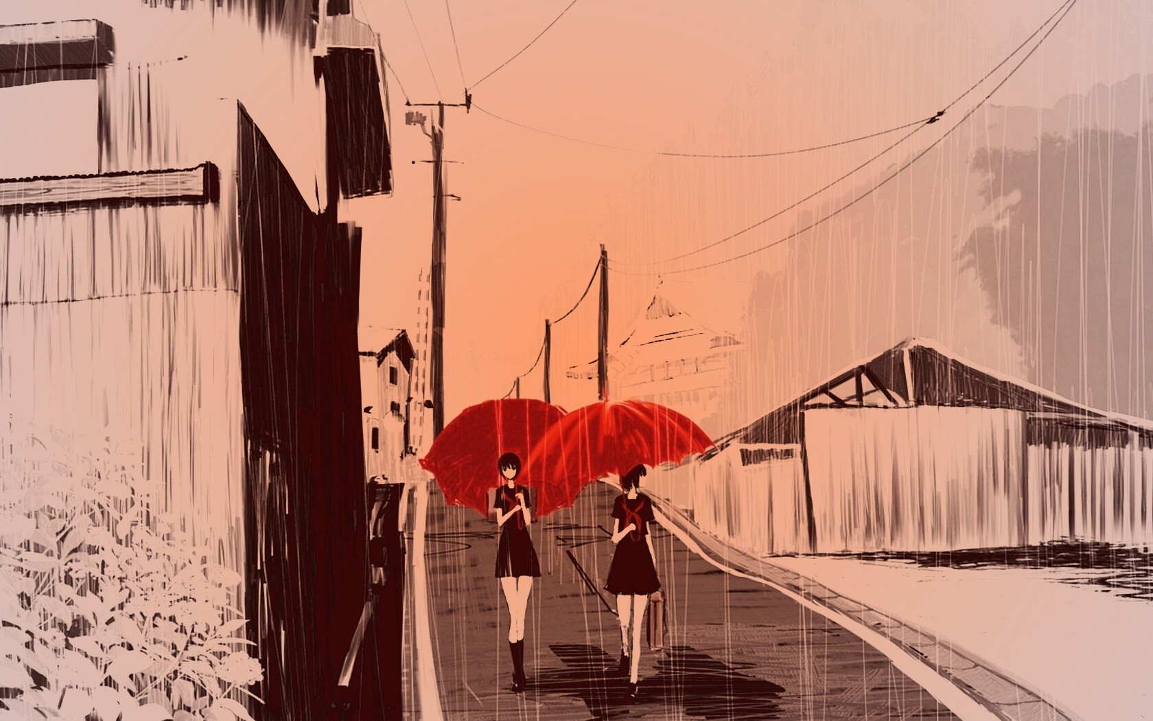 Девушки с красными зонтами обои