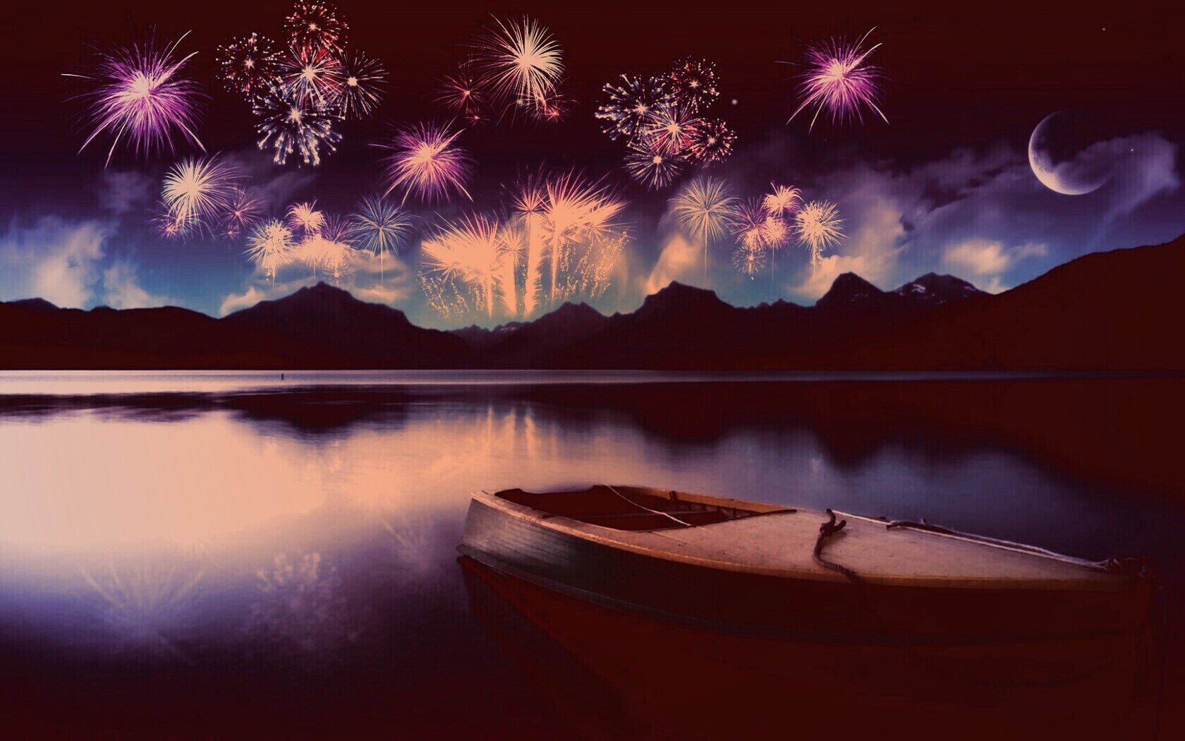 Фейрверк над озером обои