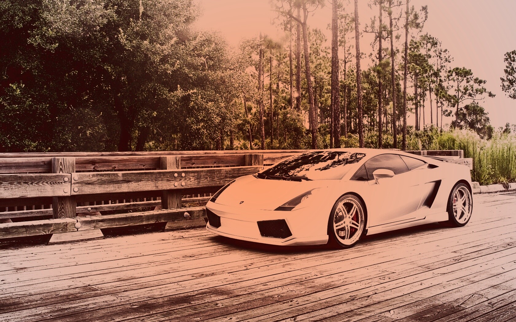 Ламбоджини на мосту в лесу обои