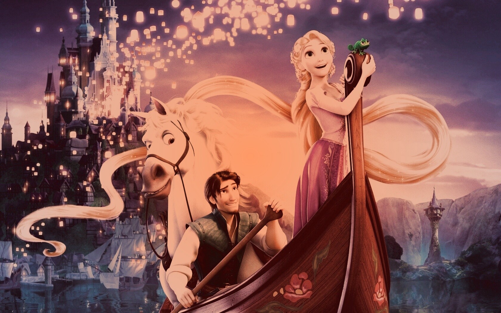 Рапунцель принц и конь в лодке обои