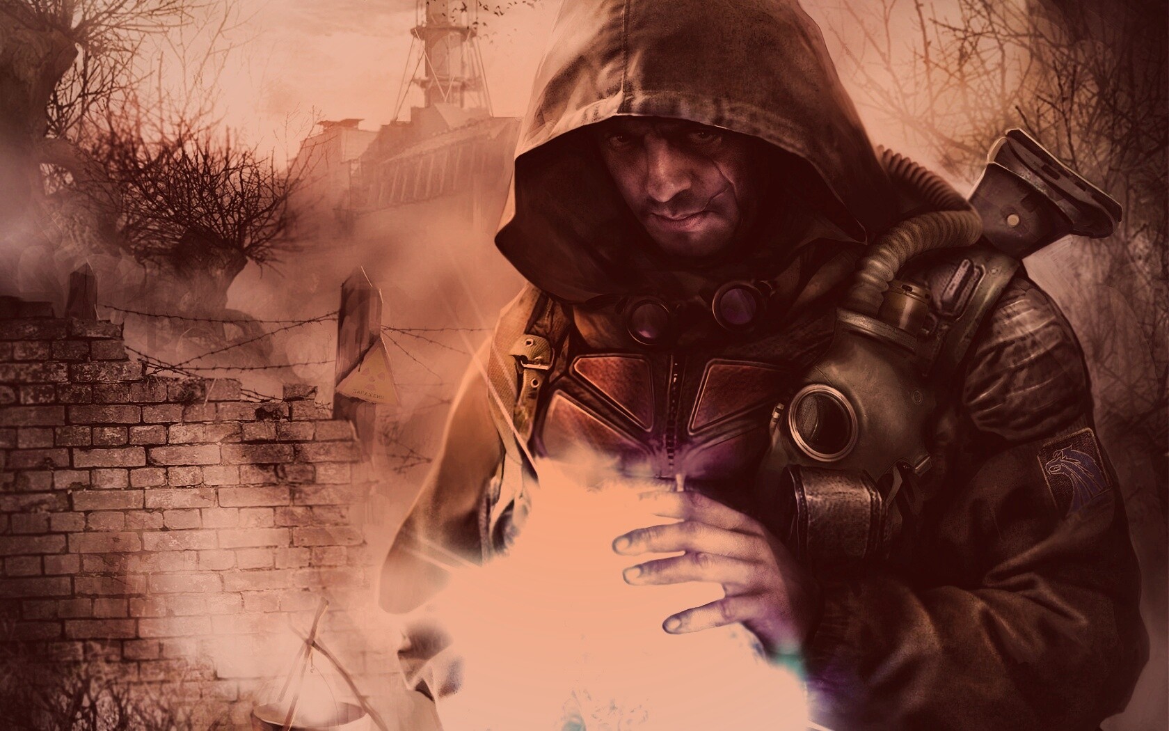 Сталкер с энергетическим артефактом в руках обои