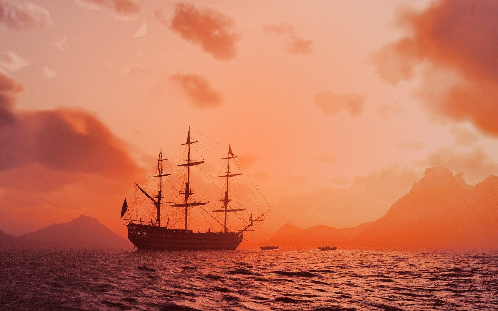 Трехпалубный парусный корабль на закате обои