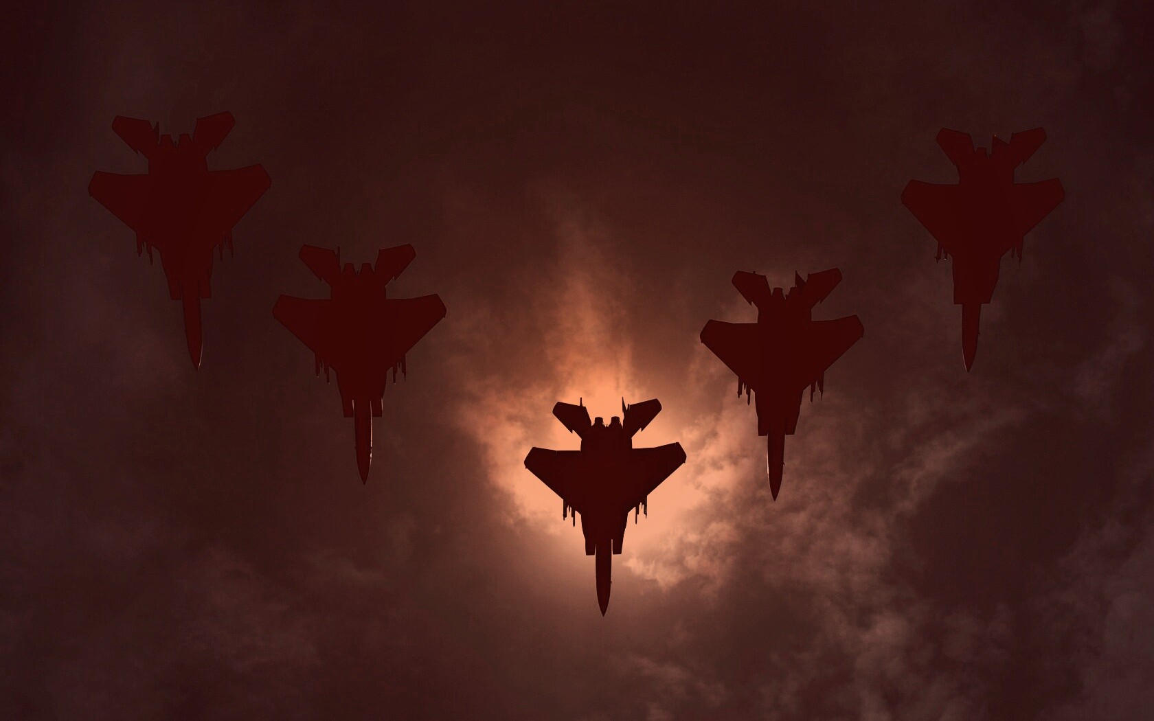 Ряд истрибителей на фоне солнца обои