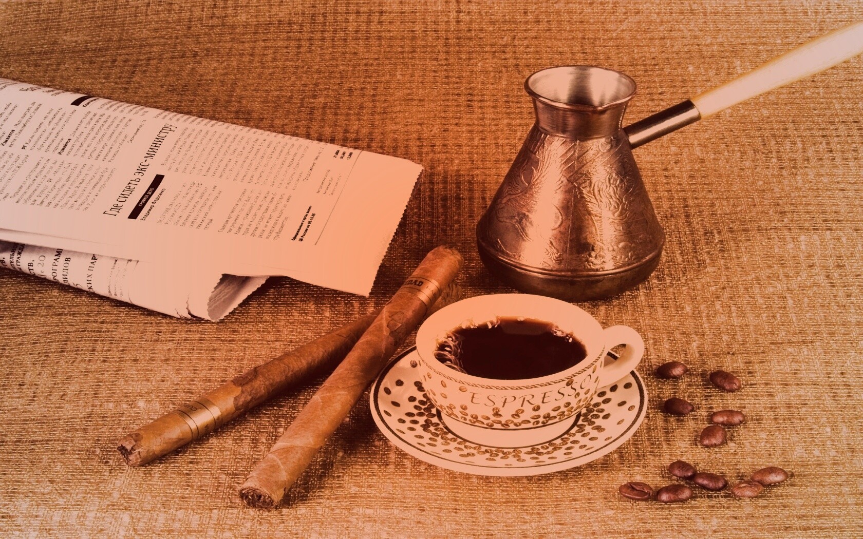 Утренний кофе, газета и сигары обои