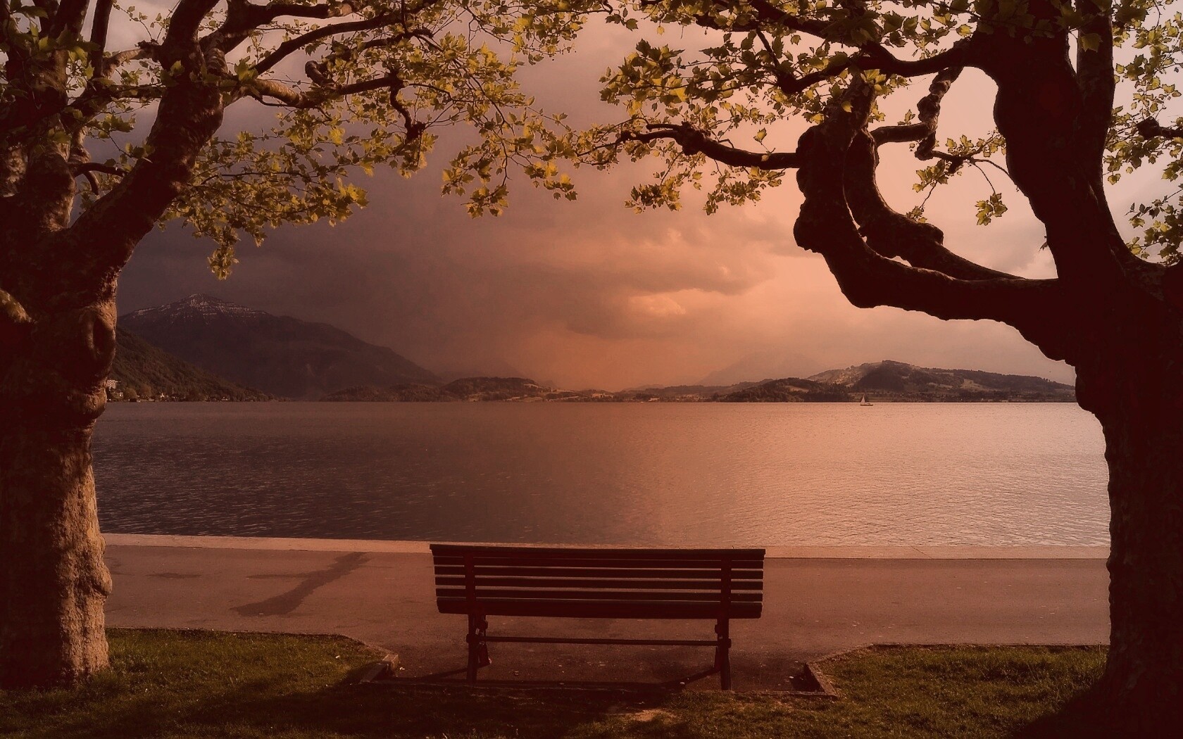 Скамейка на берегу обои