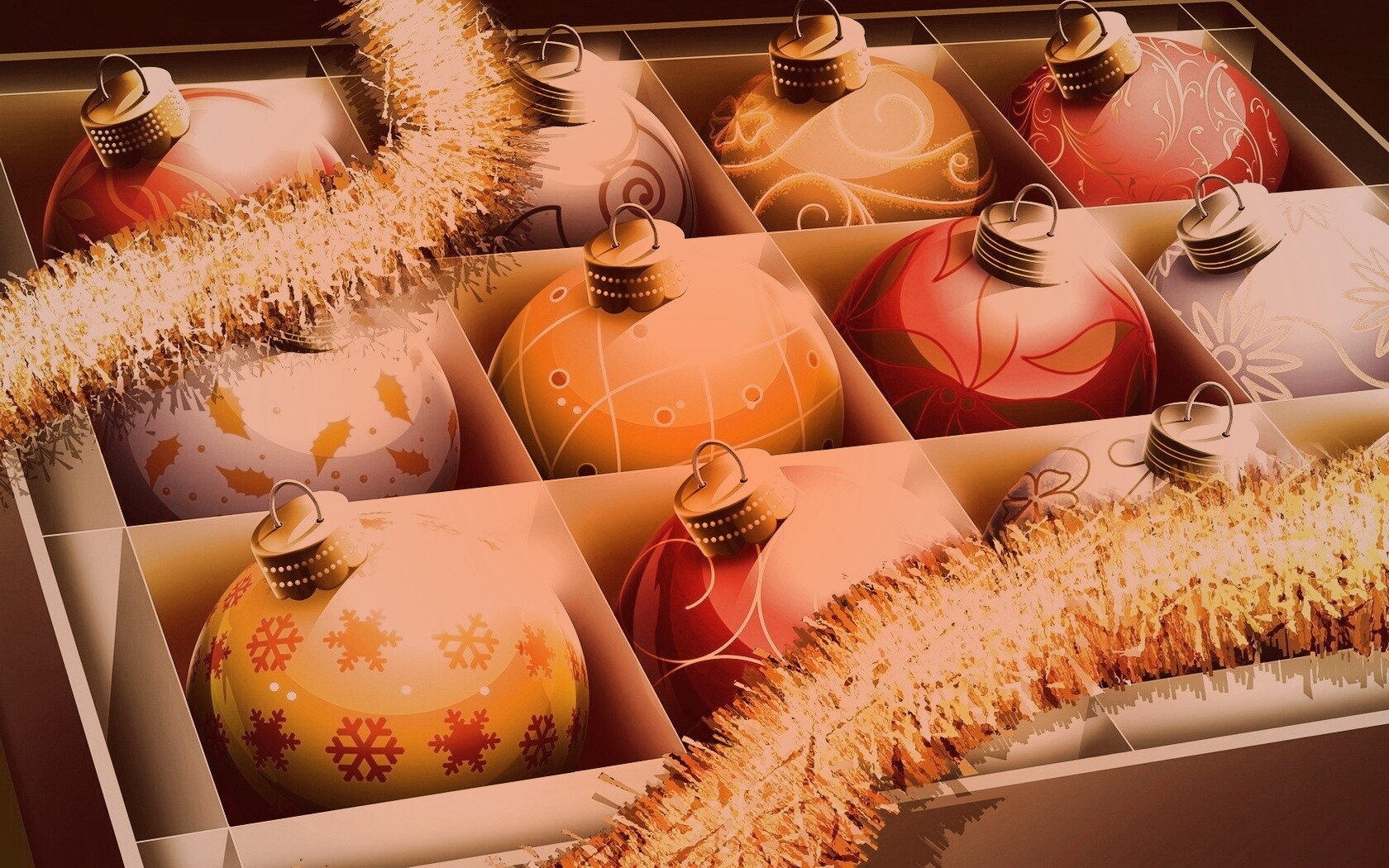Елочные игрушки в коробке обои