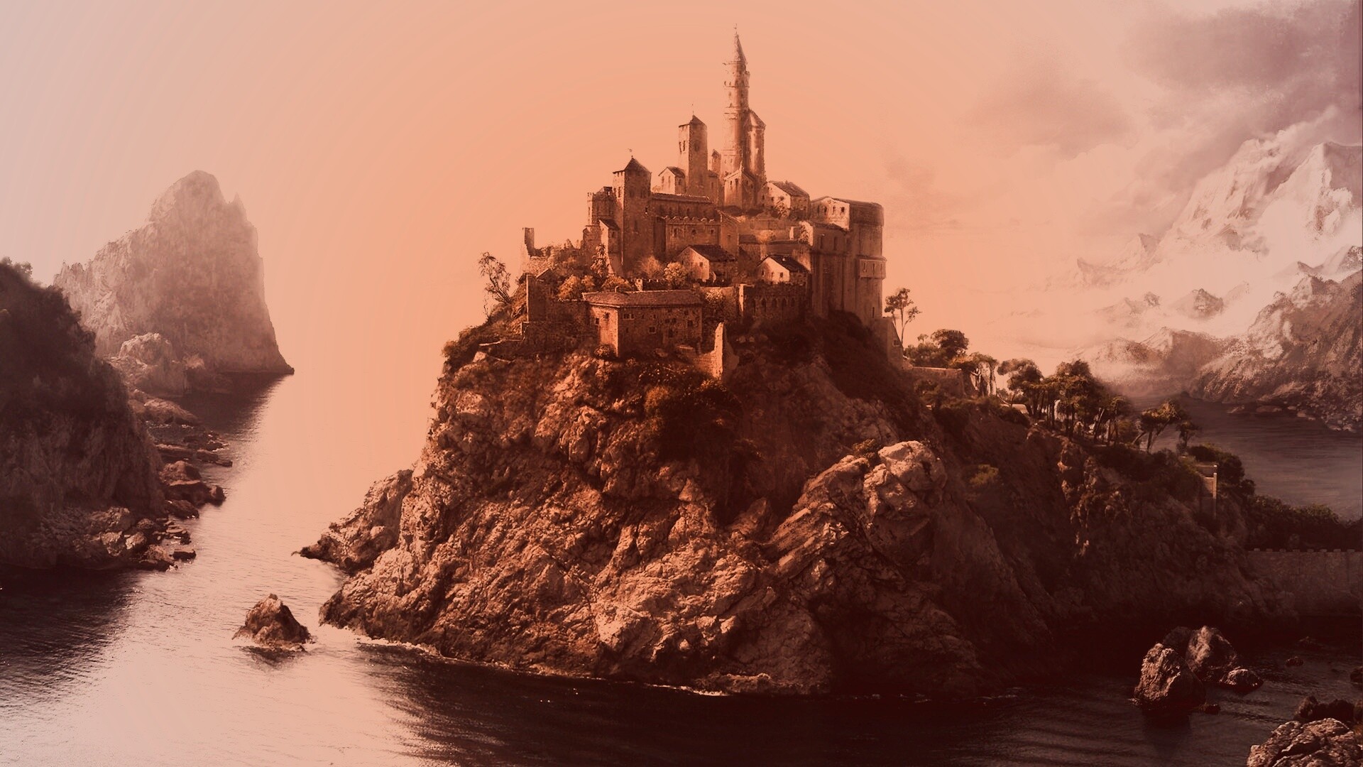 Замок на скале обои