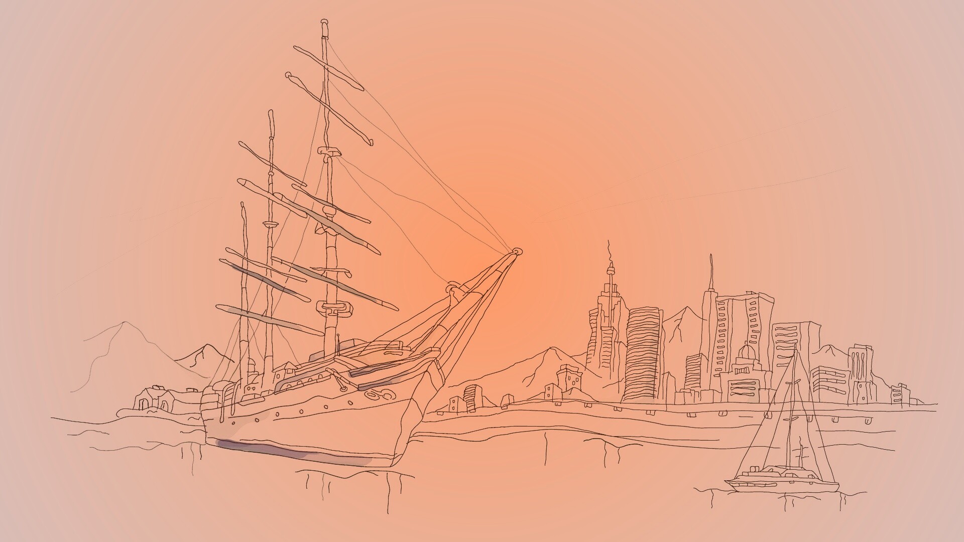 Парусник у города обои