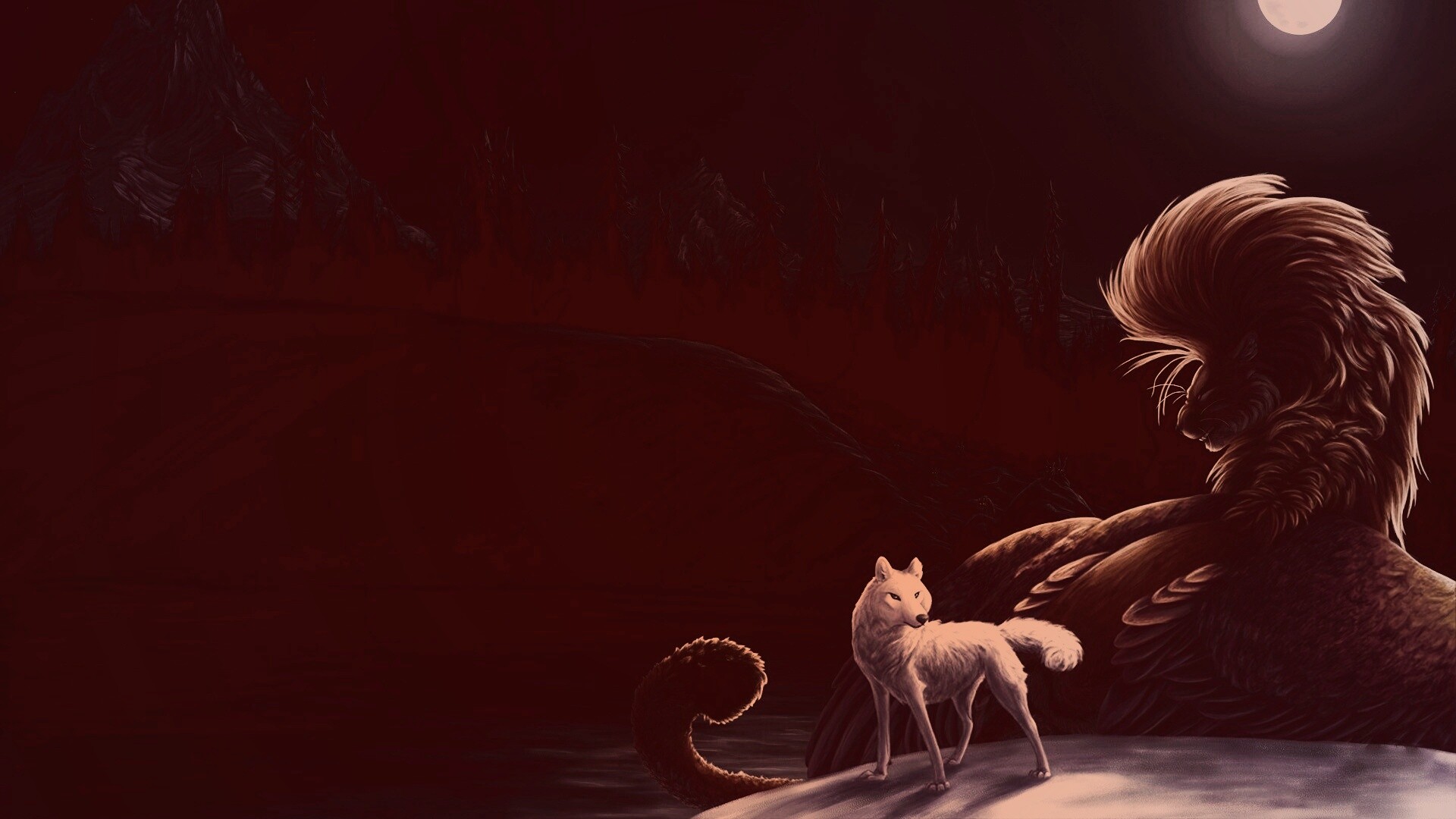 Волк и лев при луне обои