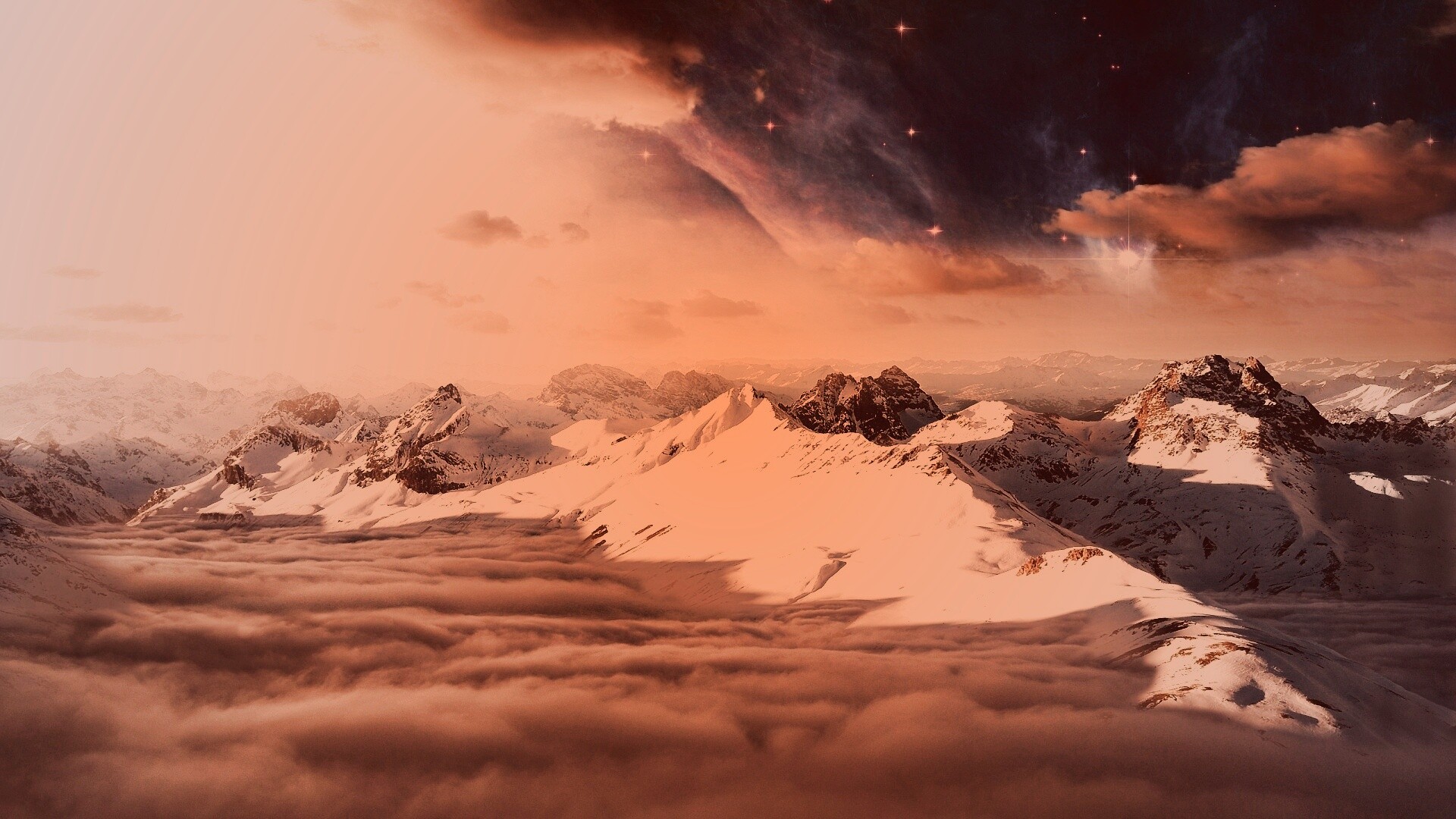 Горный хребет над облаками обои