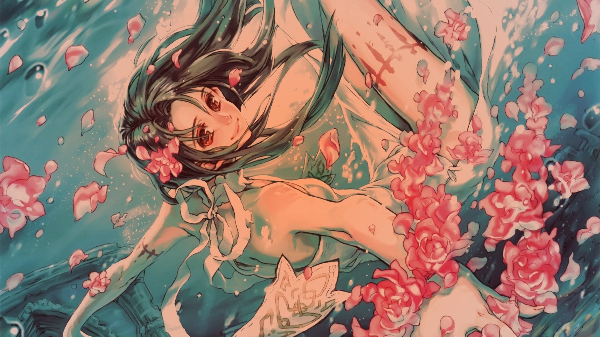 Девушка из аниме под водой обои