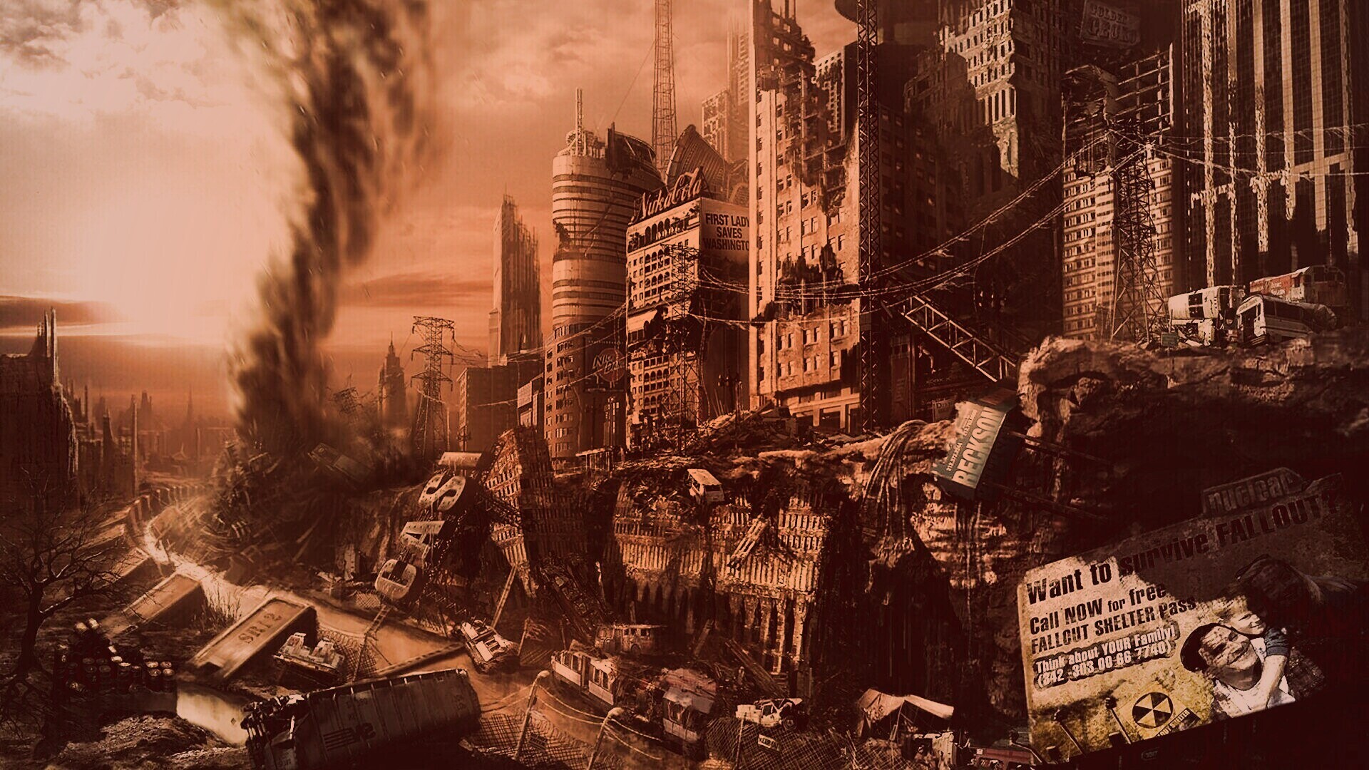 Торнадо в разрушенном городе обои