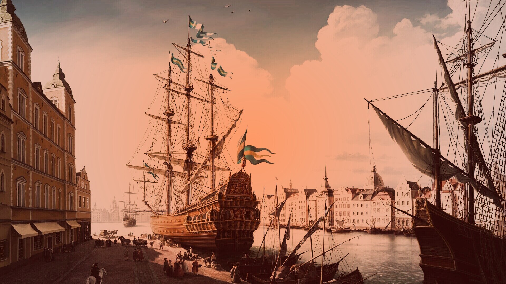 Парусник на набережной обои