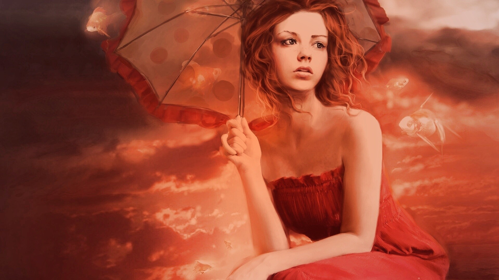 Девушка с зонтиком обои