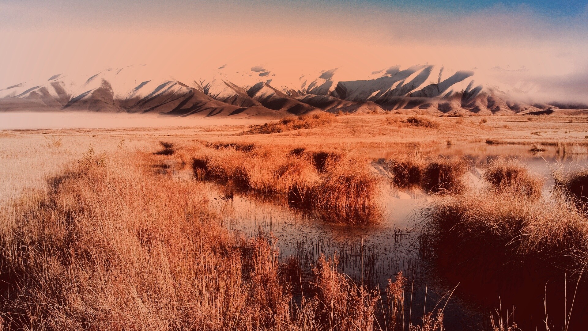 Болото и снежные горы обои