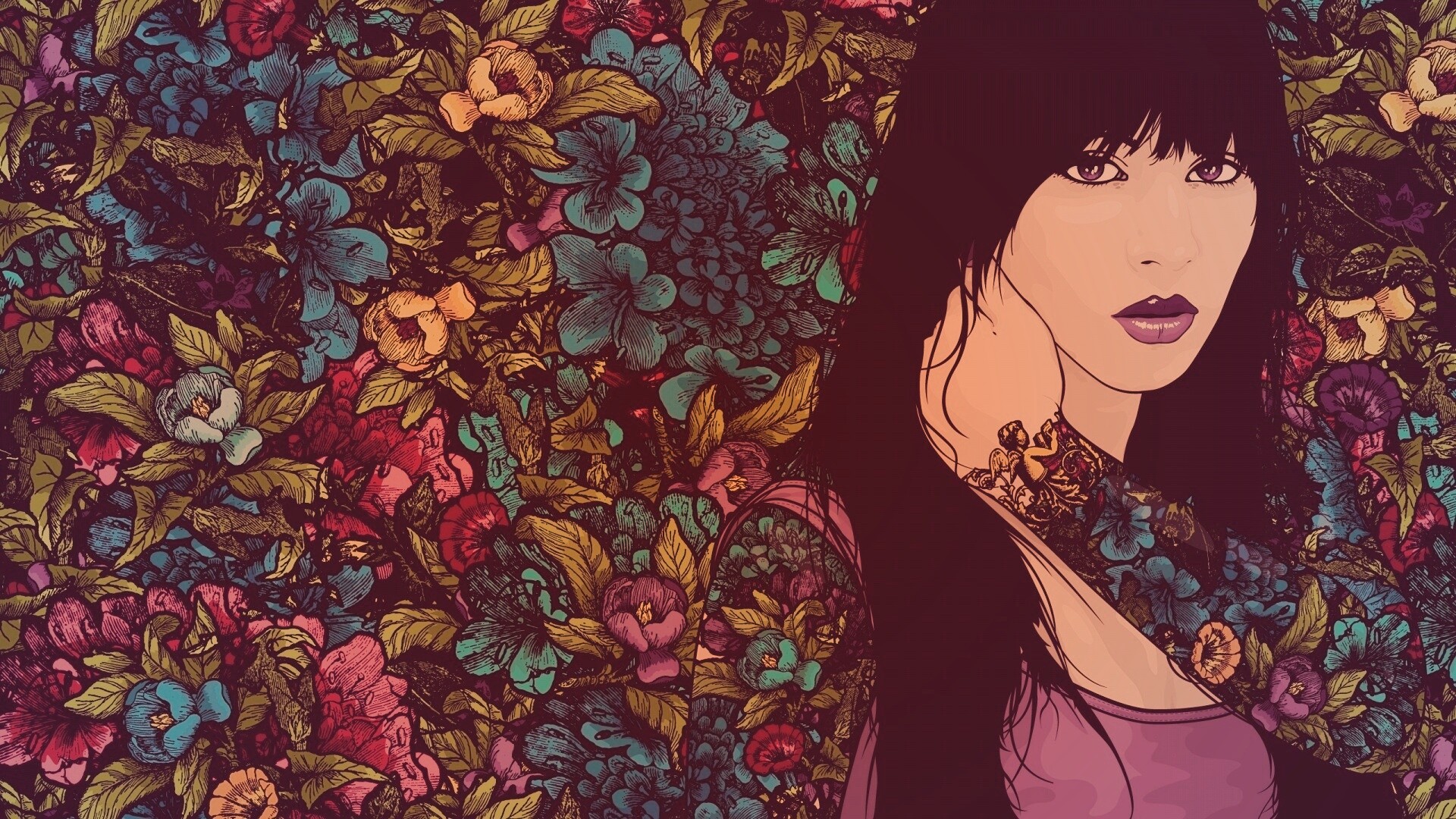 Девушка с цветочной тату обои