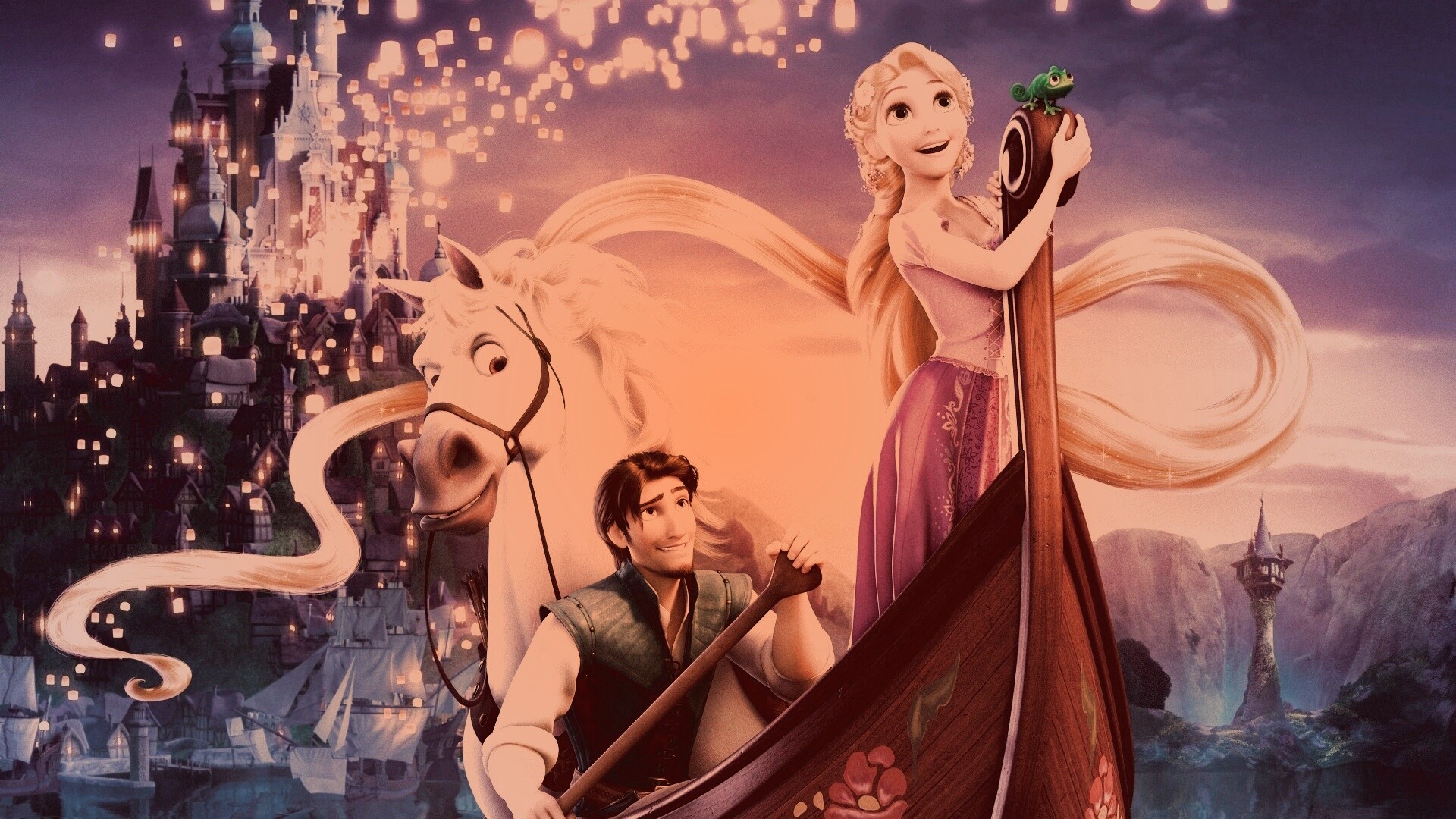Рапунцель принц и конь в лодке обои