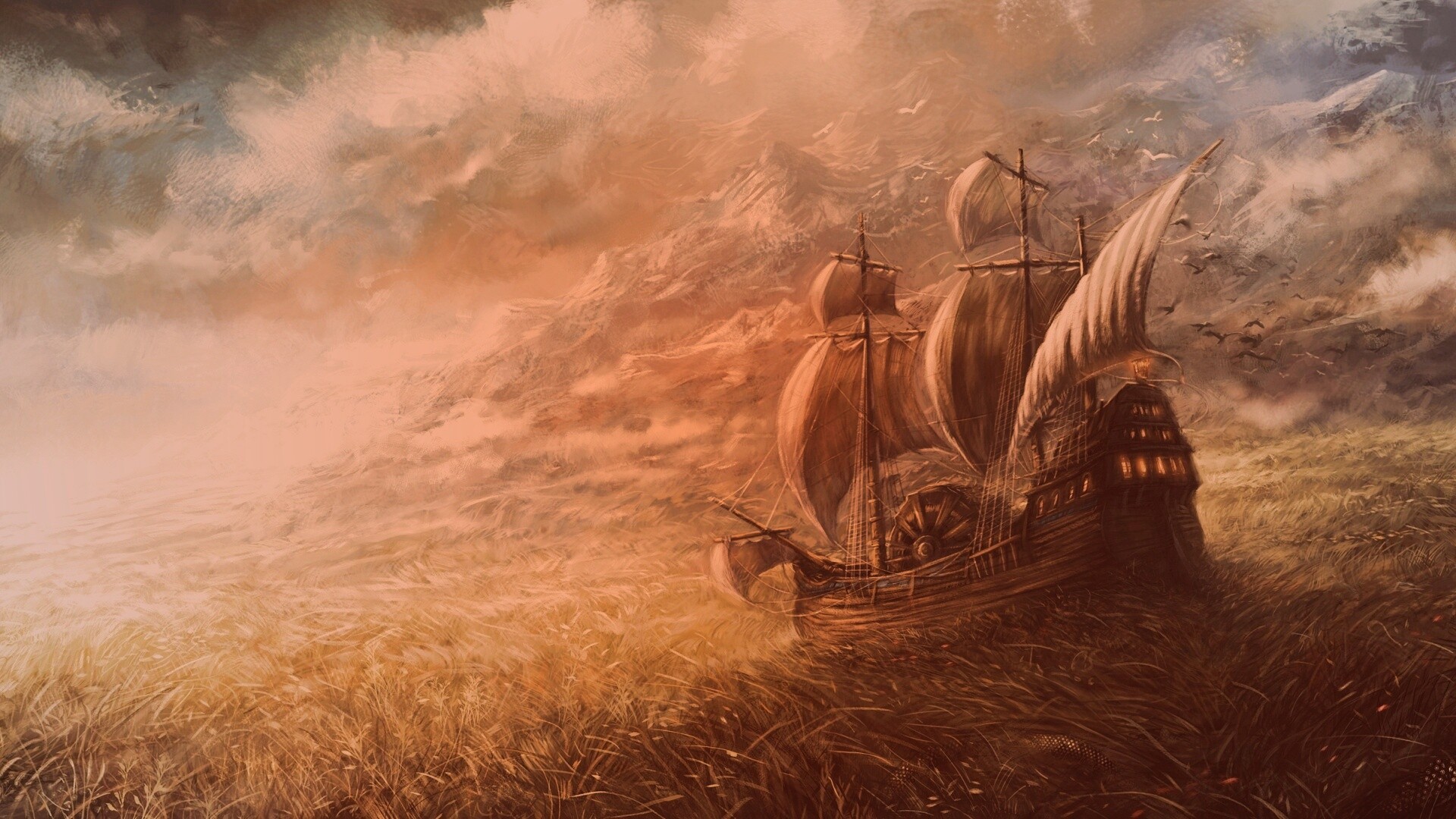 Корабль в море травы обои