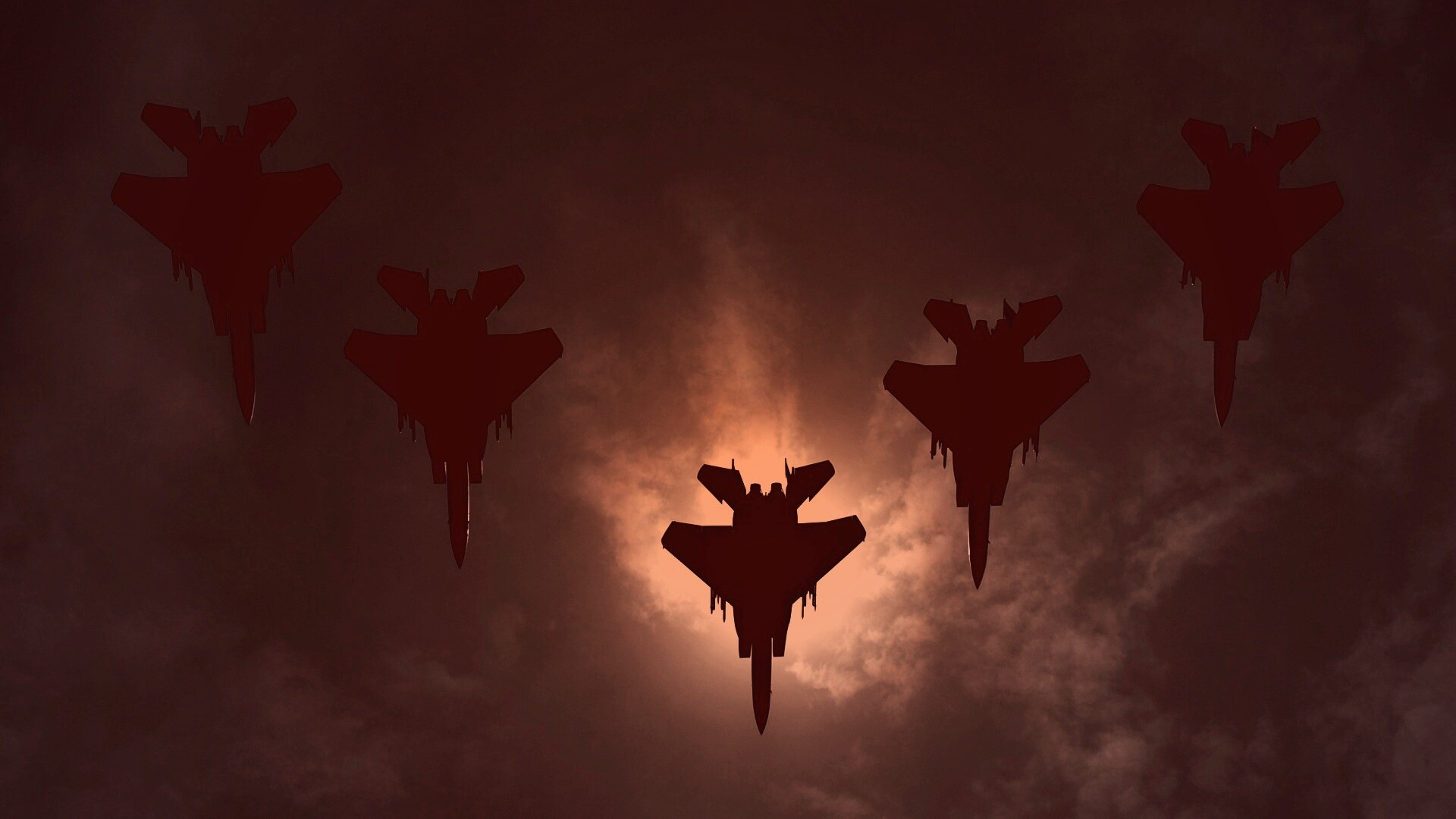 Ряд истрибителей на фоне солнца обои