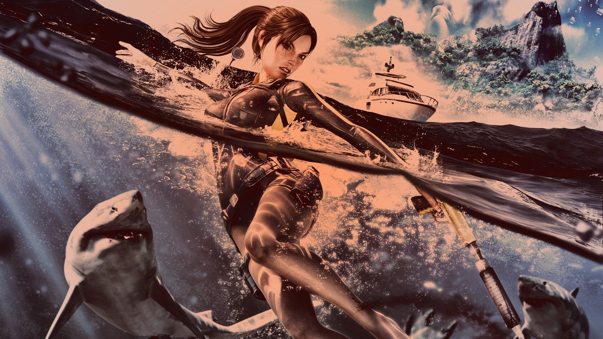 Лара Крофт против акул обои