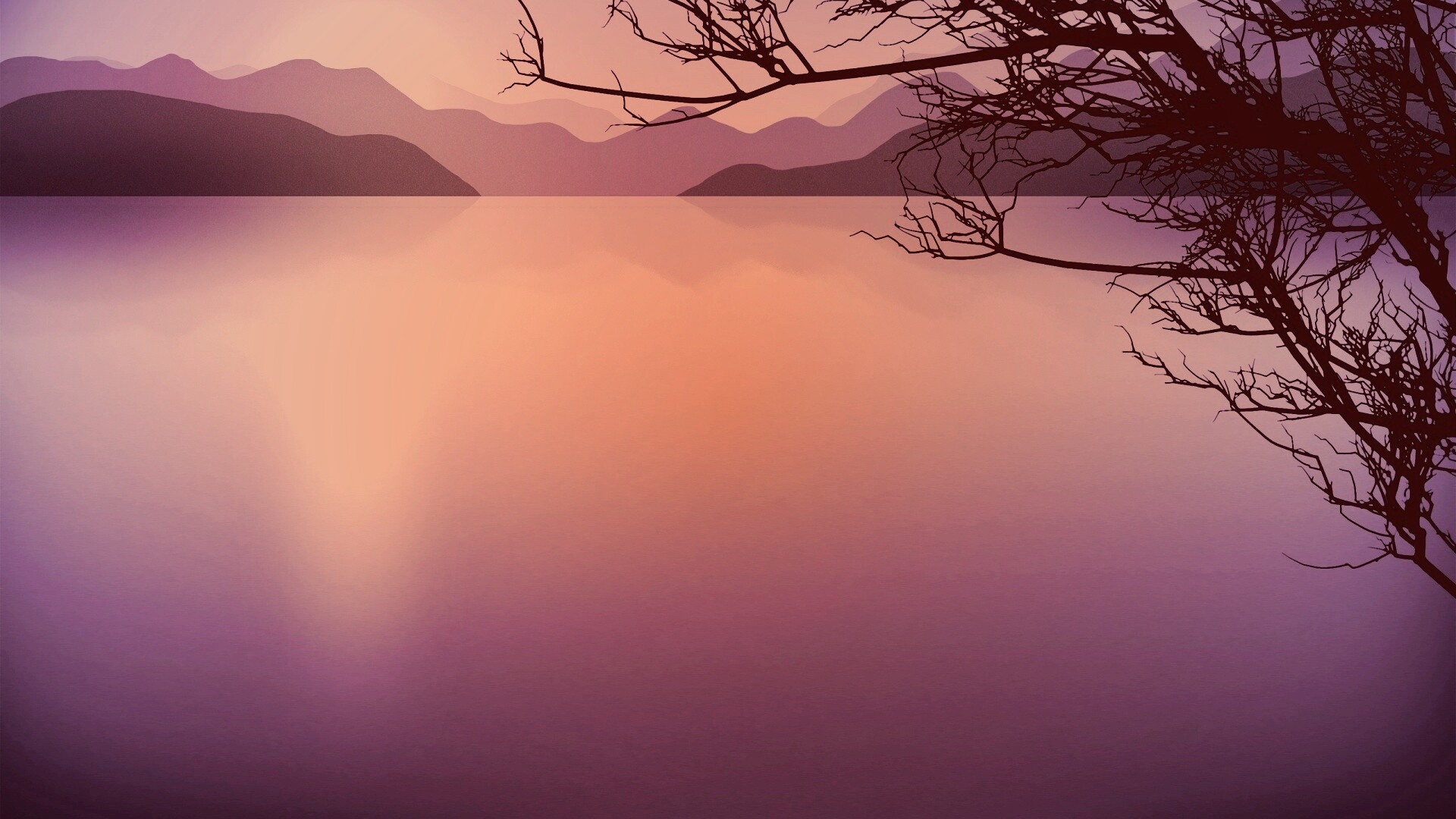 Ветка над вечерним озером обои