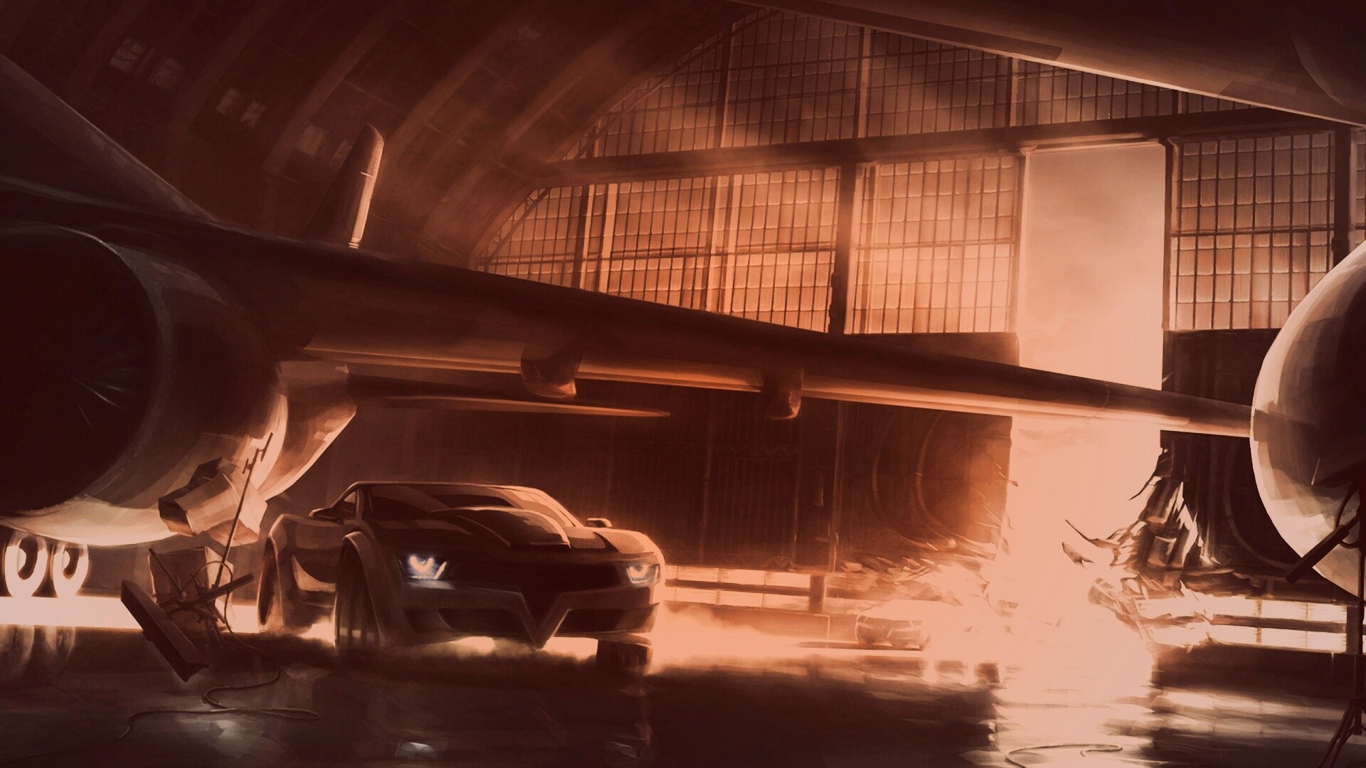 Машины въезжают в ангар обои