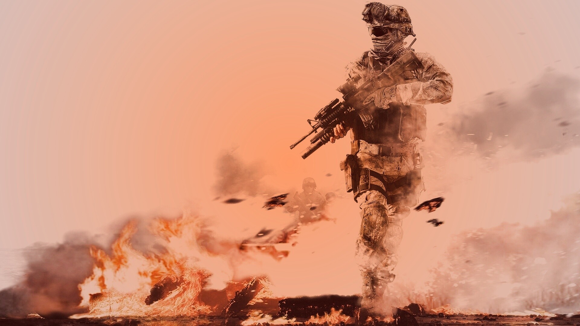 Солдат на фоне огня обои