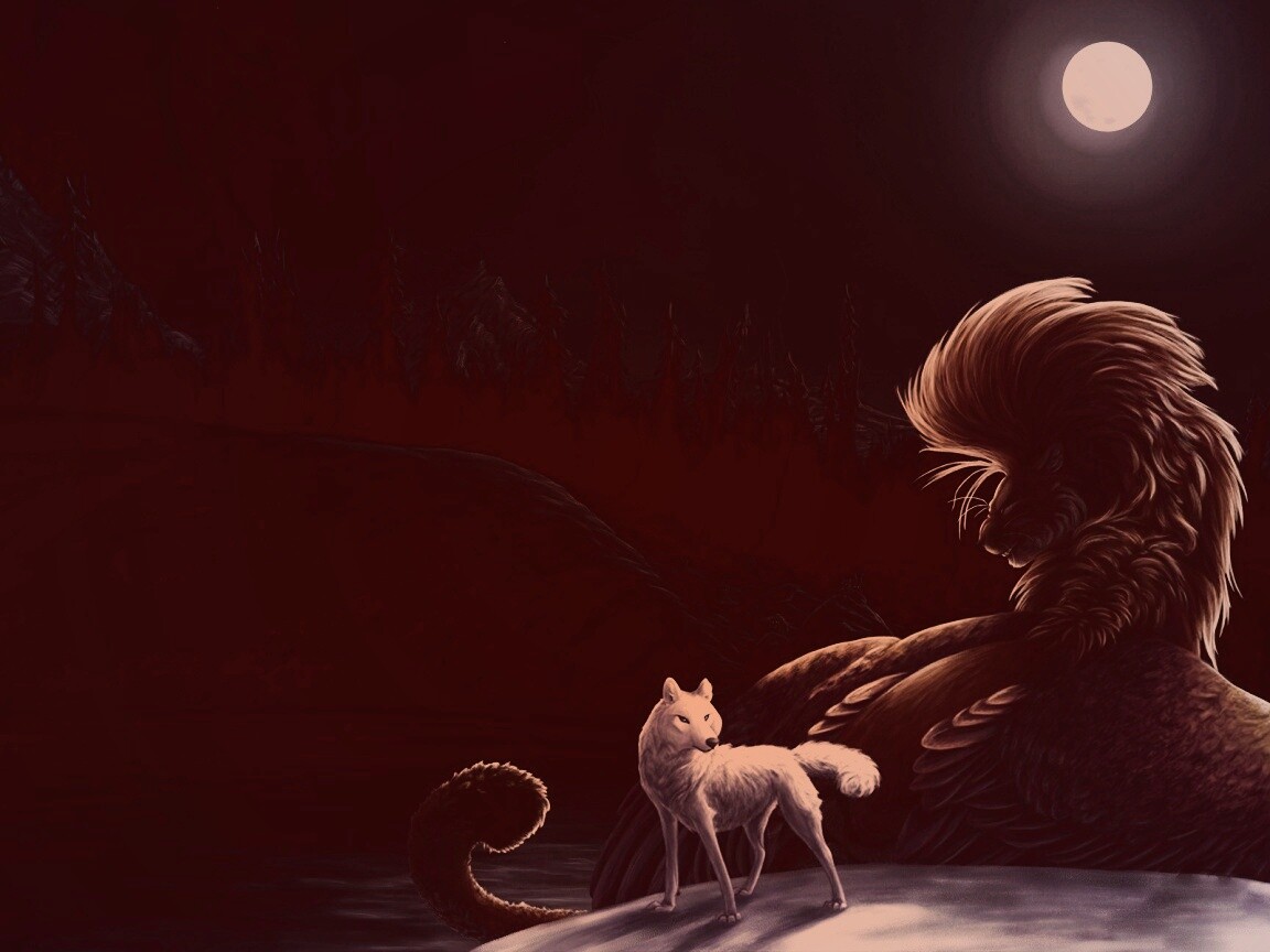 Волк и лев при луне обои