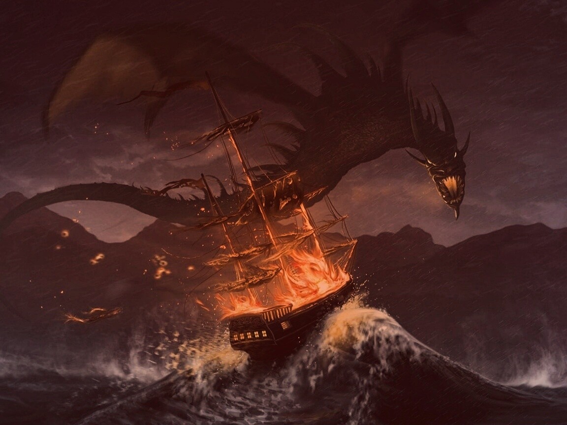 Дракон нападает на корабль обои