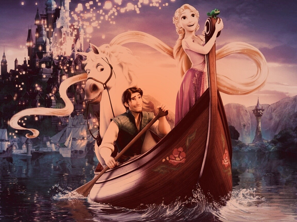 Рапунцель и Флин на лодке обои