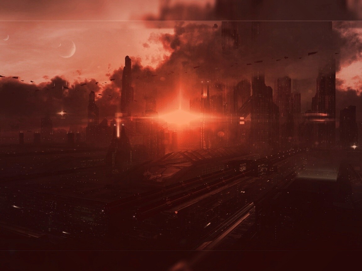 Закат в инопланетном городе обои