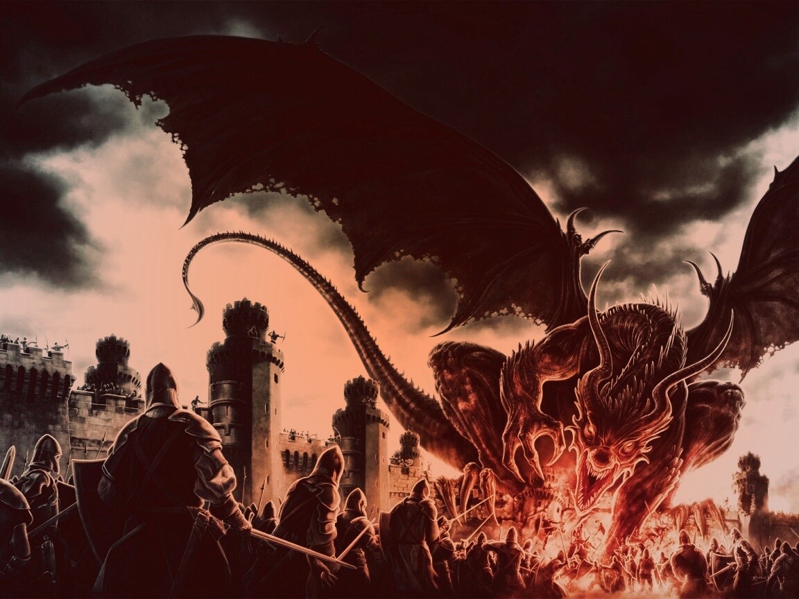 Дракон нападает на замок обои
