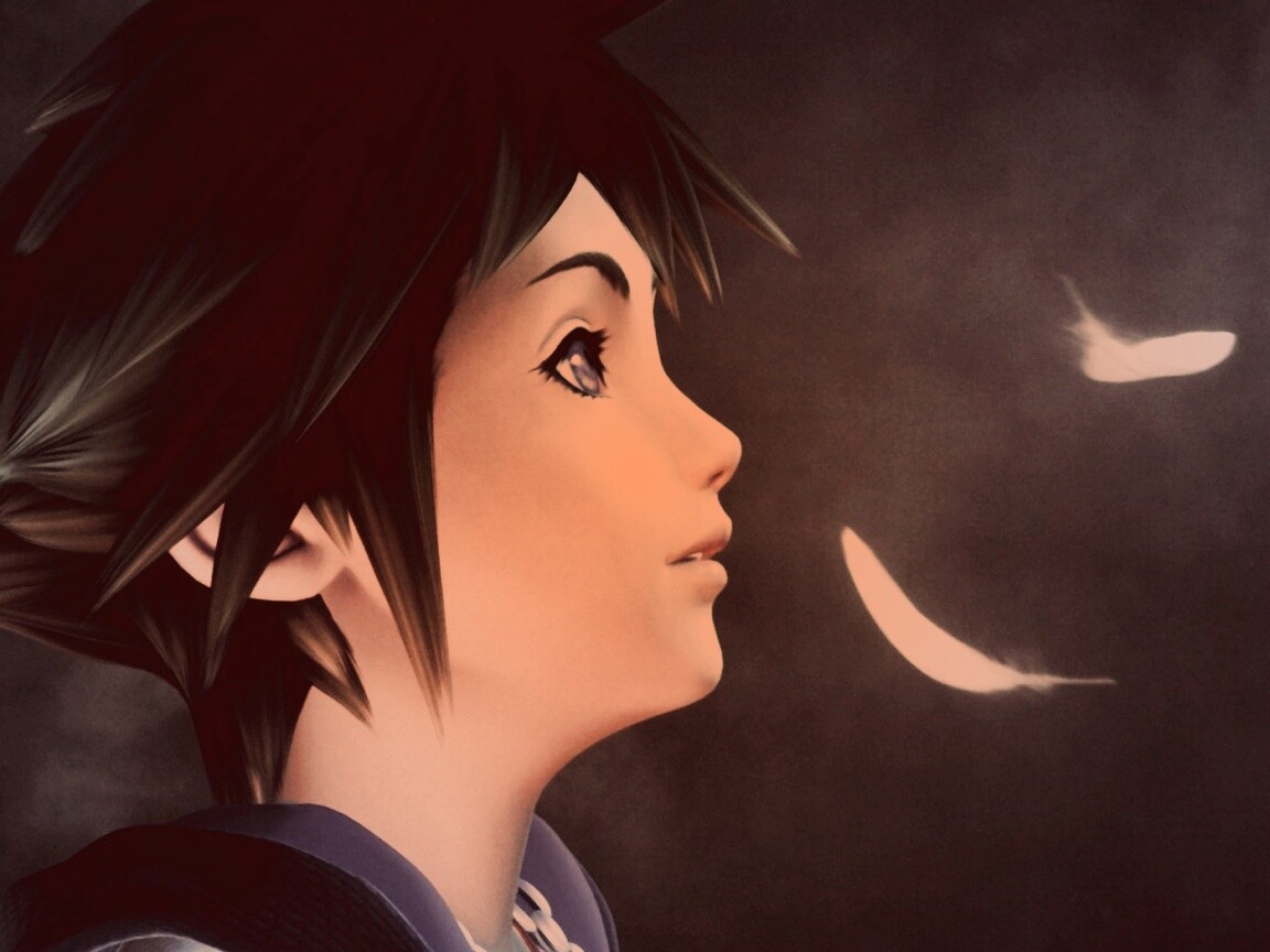 Анимешный парень и белые перья обои