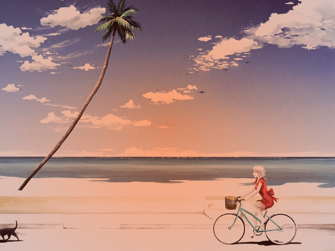 Девушка едет на велосипеде вдоль берега обои