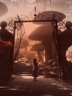 Алиса в стране чудес среди живых цветов обои