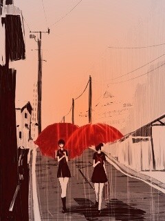 Девушки с красными зонтами обои