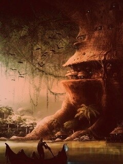 Город в стволе дерева обои