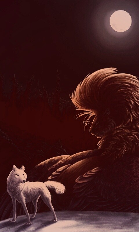 Волк и лев при луне обои