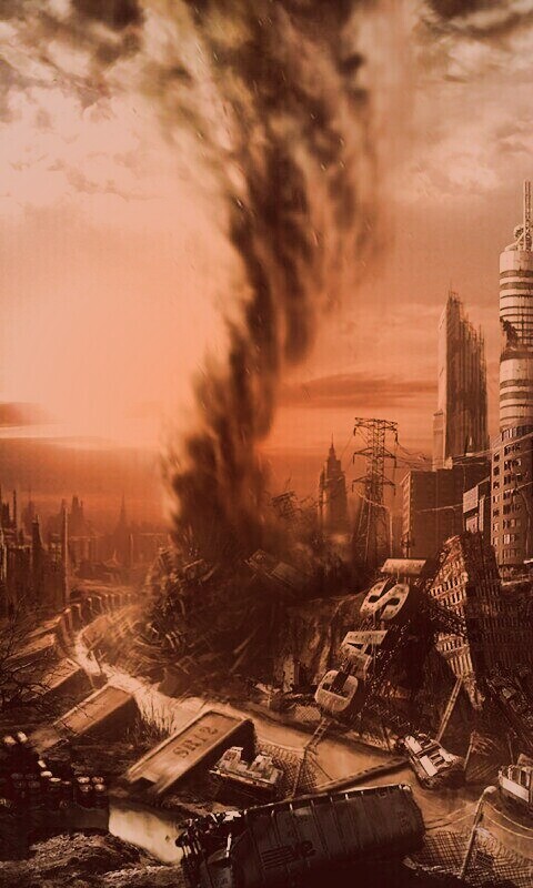 Торнадо в разрушенном городе обои