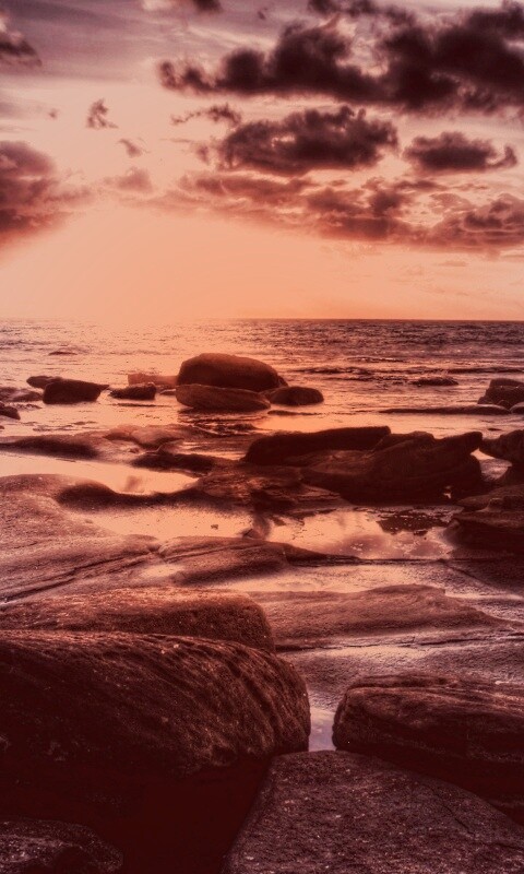 Каменистый берег на закате обои