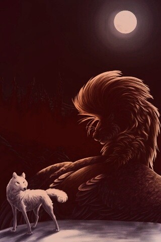 Волк и лев при луне обои