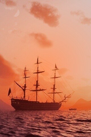 Трехпалубный парусный корабль на закате обои
