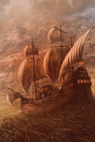 Корабль в море травы обои